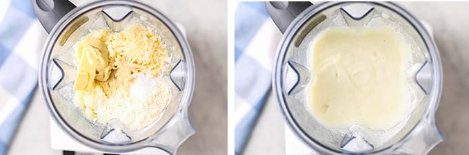 Two images showing the ingredients for the cheese sauce in a blender, and the blender with a creamy smooth sauce inside.