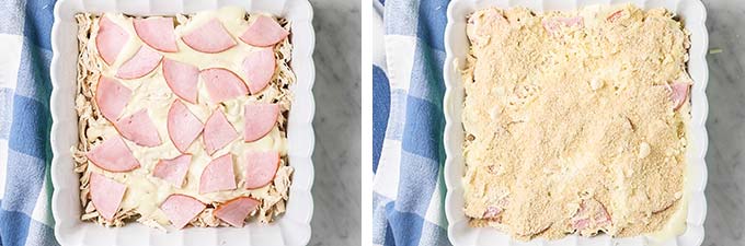 Showing how to layer the casserole with ham and breadcrumbs.