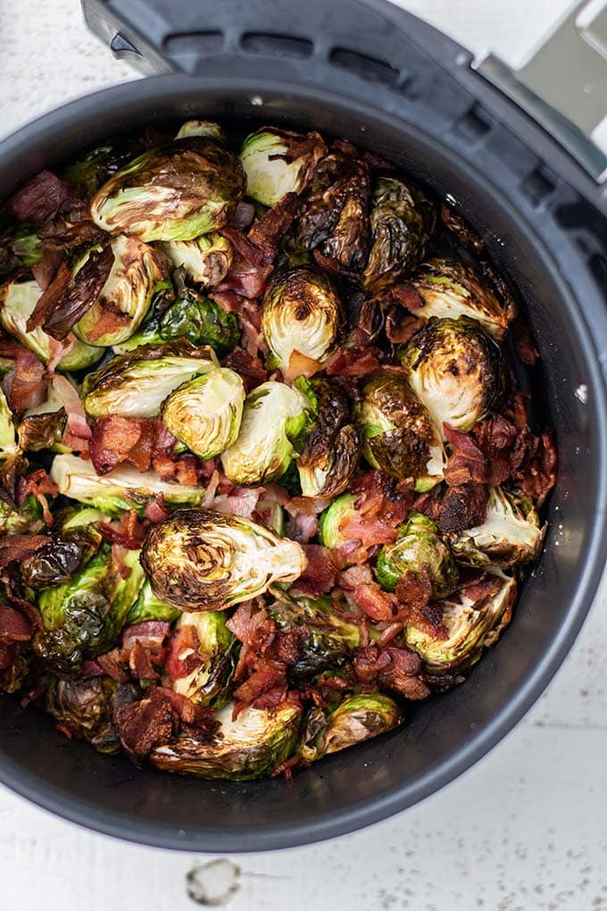 A look at how the bacon and brussels sprouts look coming out of the air fryer.