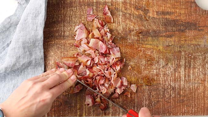 How to chop the partially cooked bacon before adding it to the brussels sprouts.