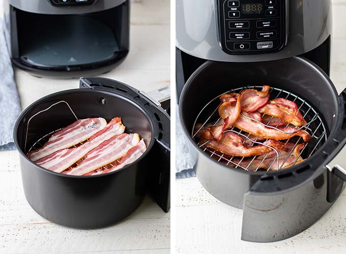 Two images showing how to cook bacon in an air fryer.