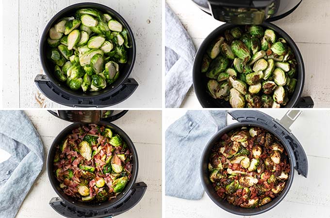 4 images showing the process of cooking the brussels sprouts and adding the bacon to this recipe.