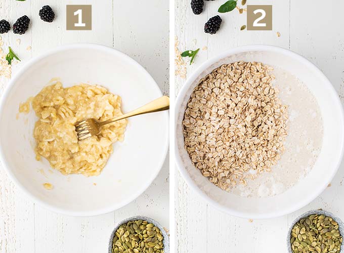 Two images showing steps 1 and 3 of the process, mashing the banana and mixing the wet ingredients with the oatmeal.