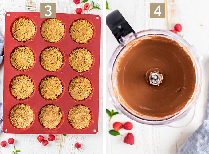 Two images showing how to press the crust into the pan and make the cheesecake batter in a food processor.