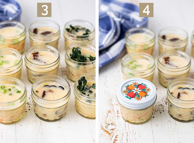 Two images showing steps 3 and 4 of this recipe, adding the egg base into the jars, and tightening lids on the jars.