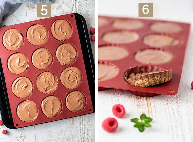 Two images showing the mini cheesecake pan with the raw ingredients and then again with the cheesecakes baked.