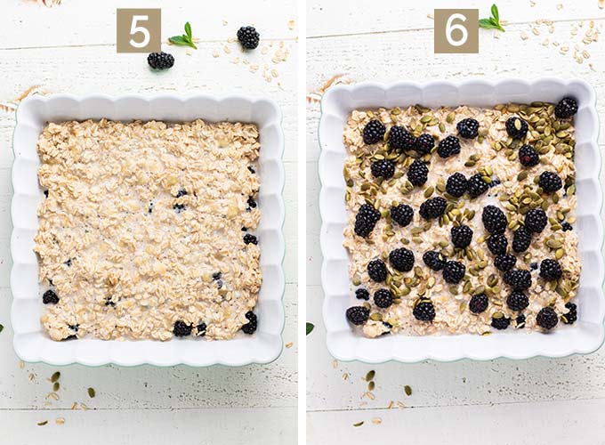 Two images that show steps 5 and 6, layering the oatmeal mixture and blackberries in the pan.