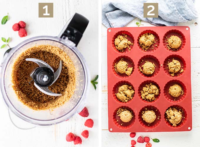Two images showing the crust being made in a food processor and then being portioned into the mini cheesecake pan.