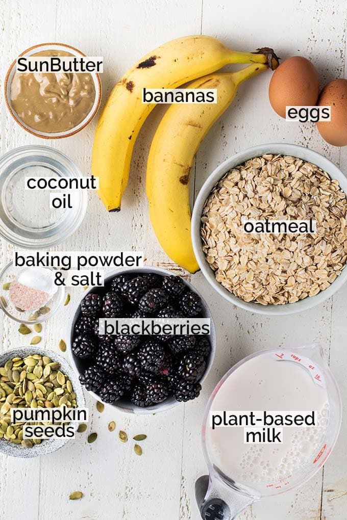 The ingredients in this baked oatmeal recipe labeled and shown ready to put together.