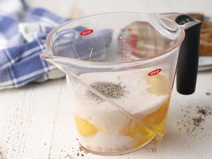 The ingredients for the egg base in a mixing cup ready to be whisked.