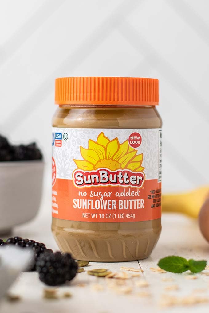 A jar of SunButter, the healthy sunflower seed butter used to make this recipe.