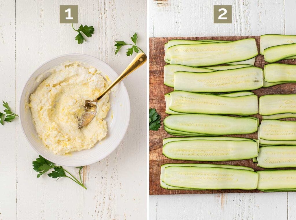 Two images showing how to make a cheese blend and what the zucchini looks like prepared in noodles.