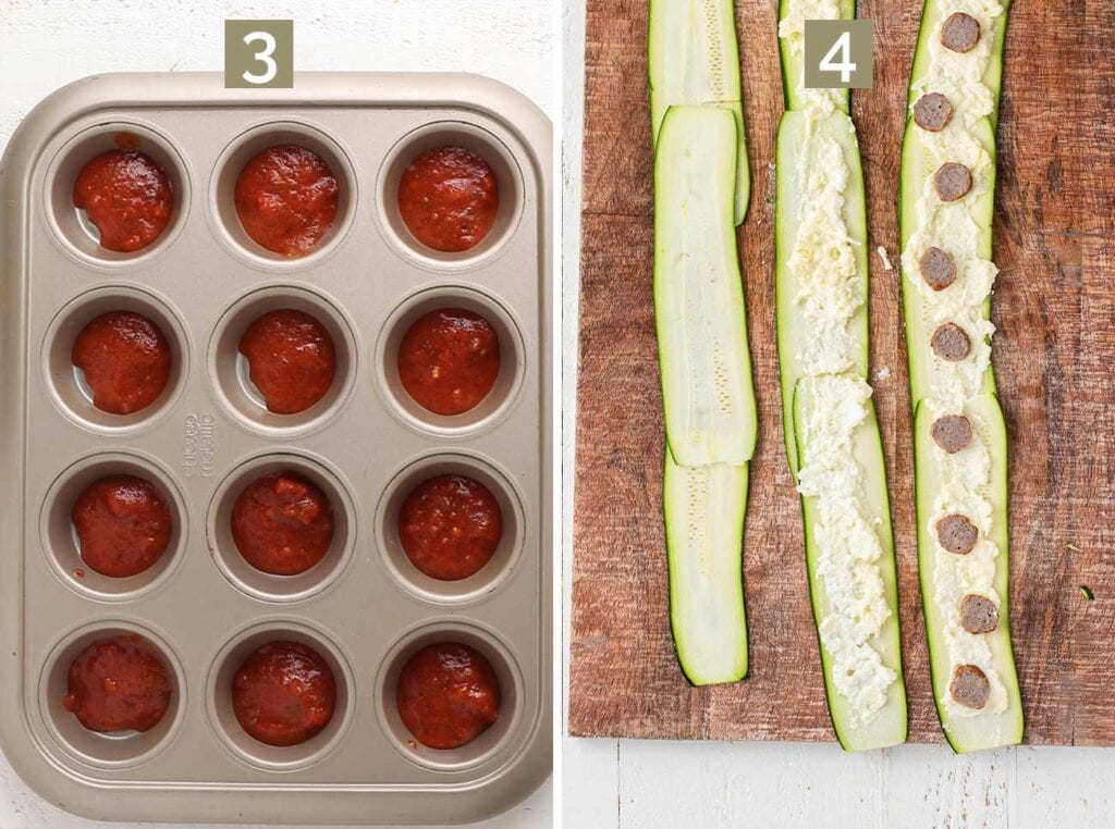 An image showing tomato basil sauce in a muffin tin, and zucchini noodles being layered with cheese and sausage.