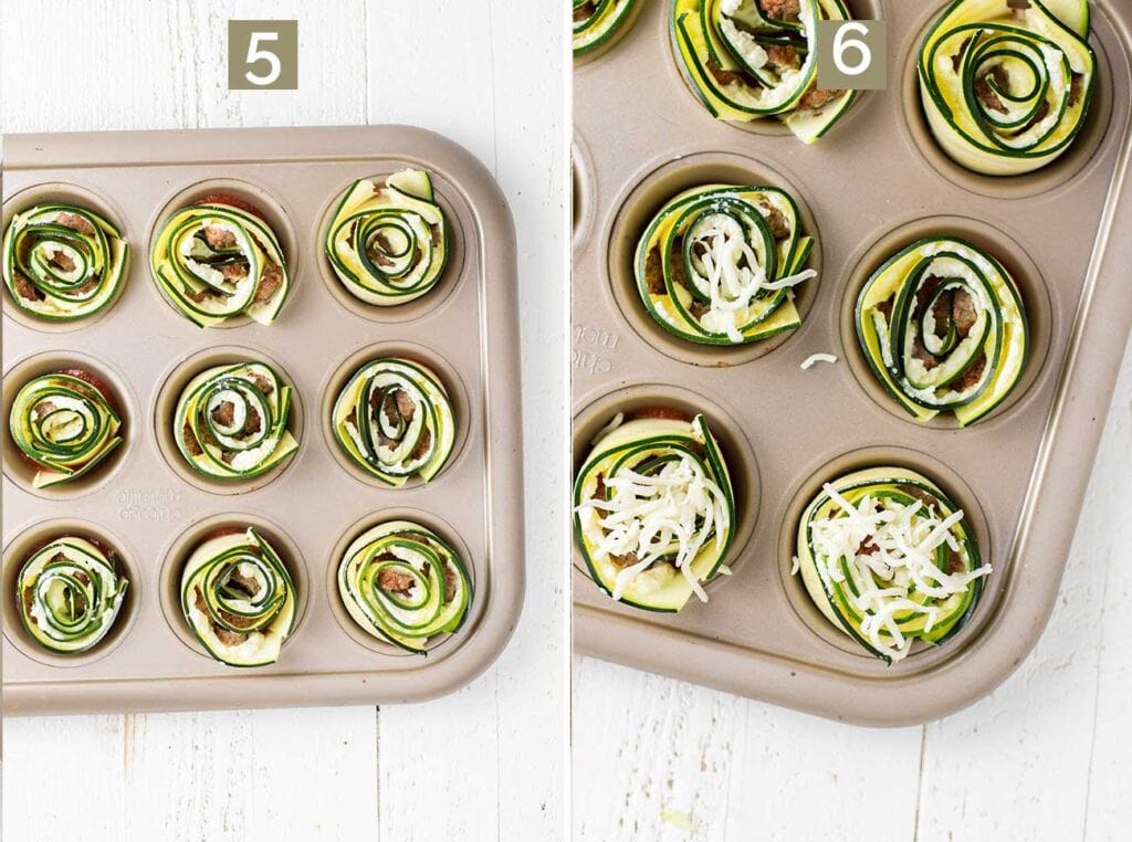 Two images showing adding the zucchini roll ups to a muffin tin, and topping them with extra parmesan cheese.