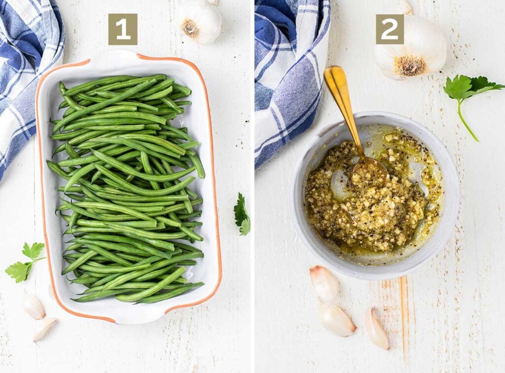 Two photos showing how to prepare the green beans in a baking dish and mix up the sauce ingredients.