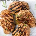 A top down look at 4 grilled pork chops marinated in a balsamic dijon mixture.