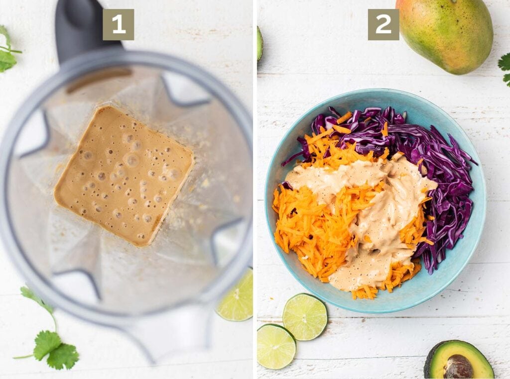 Two images showing how to prepare the dressing in a blender and then toss the cabbage and carrots in it.