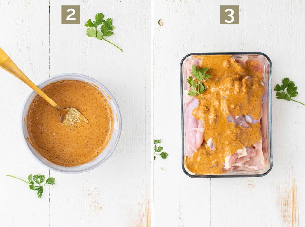 Two images showing how to which the marinade together and then coat the chicken.