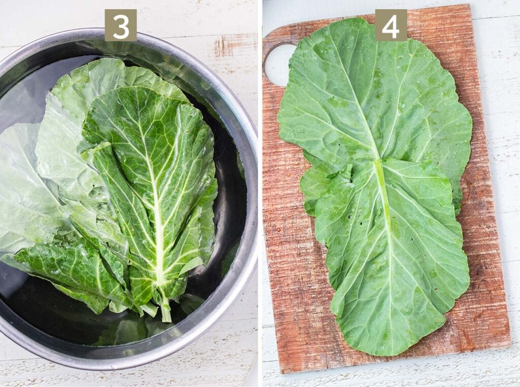 Showing how to soak the leaves and prepared them for a collard wrap.