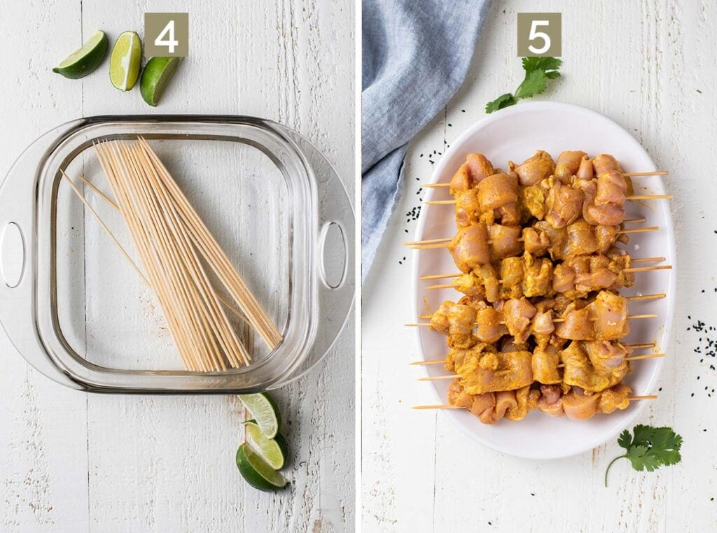 Two images showing how to soak the bamboo skewers, and then weave the chicken onto the skewers.