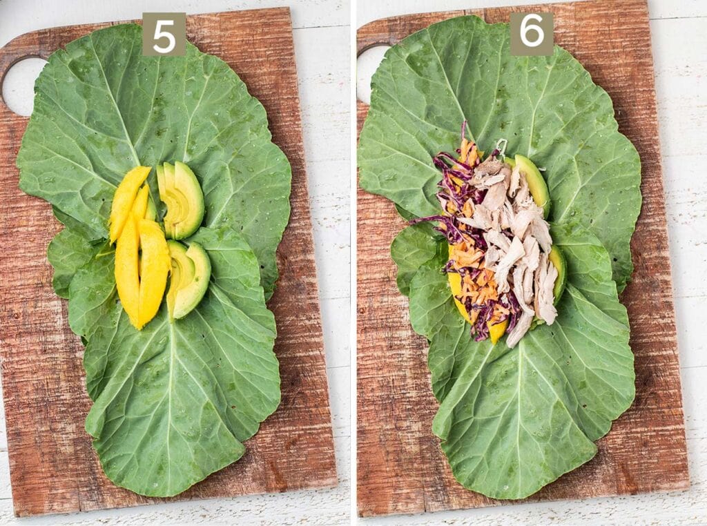 Showing the steps of how to add the filling to a collard wrap.