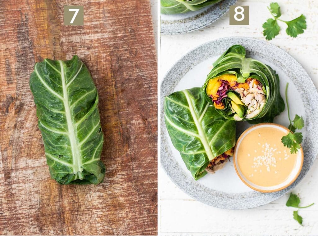 Showing how to wrap a collard wrap and how to slice it in half.