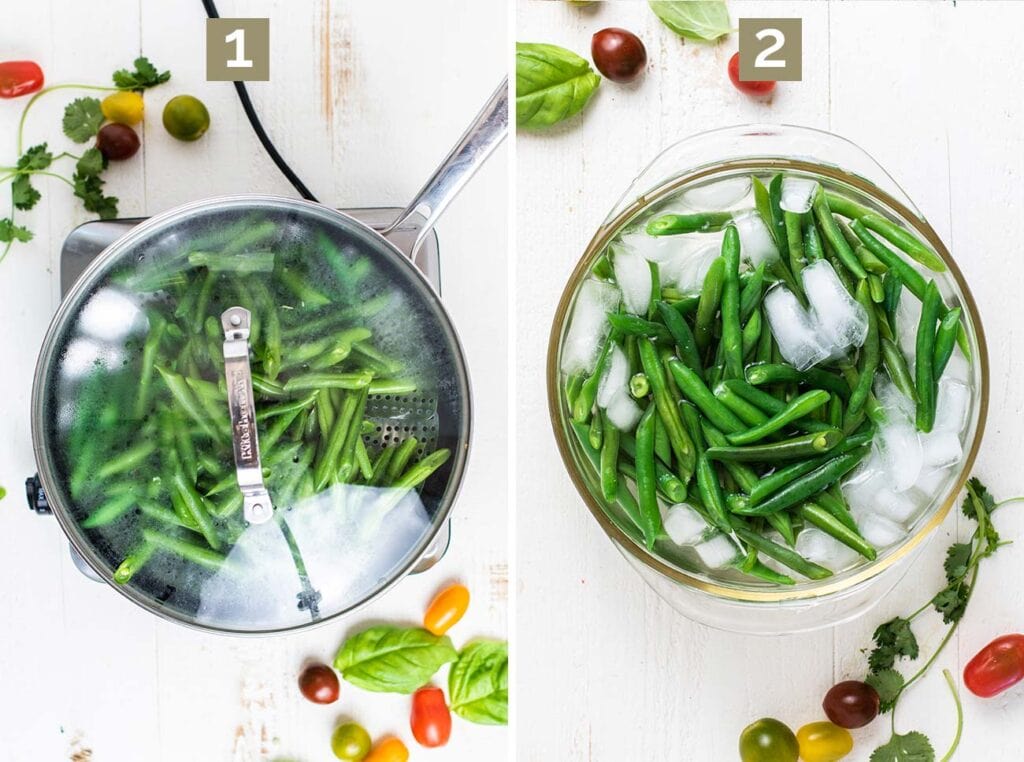 Green beans being steamed and then plunged in ice water.