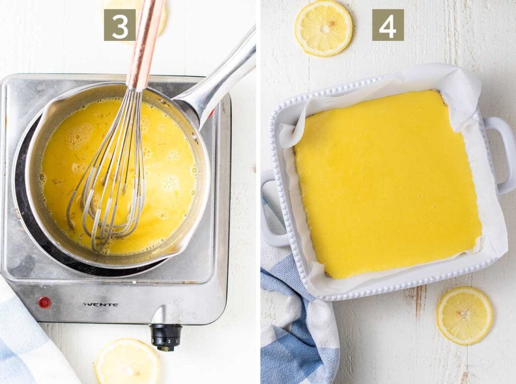 Showing how to make lemon curd and then pour it over the crust.
