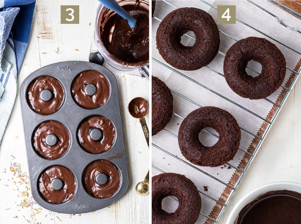 Showing how to add the chocolate batter to a donut pan.