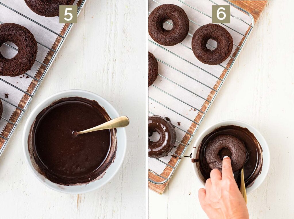 Showing how to mix the glaze and dip the tops of the donuts in it.