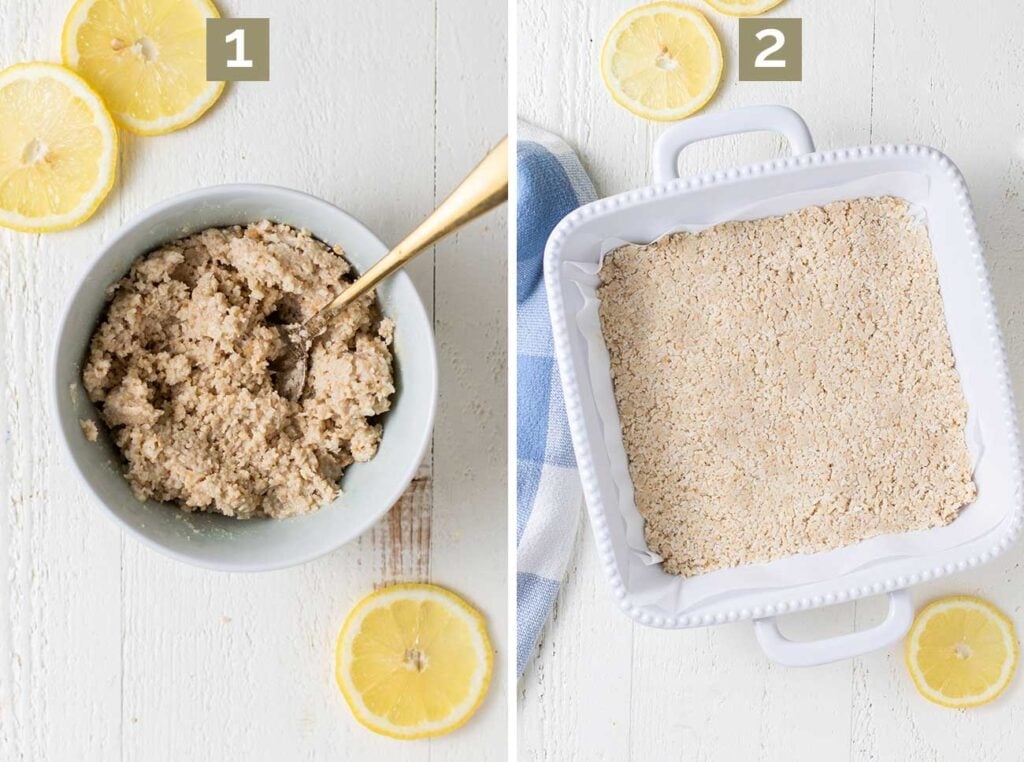 Shows the ingredients for the crust put together, and then pressed into a lined baking pan.