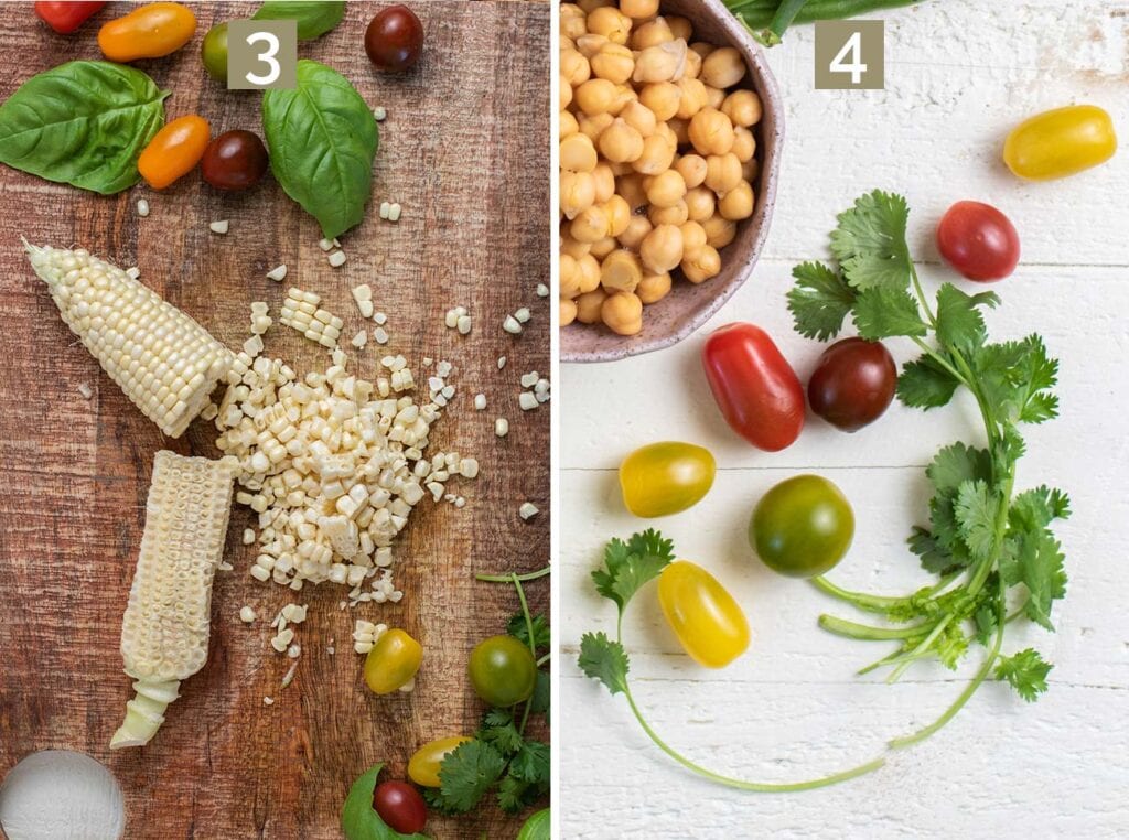 Showing how to prep the corn by slicing it off the cob and slicing the tomatoes.