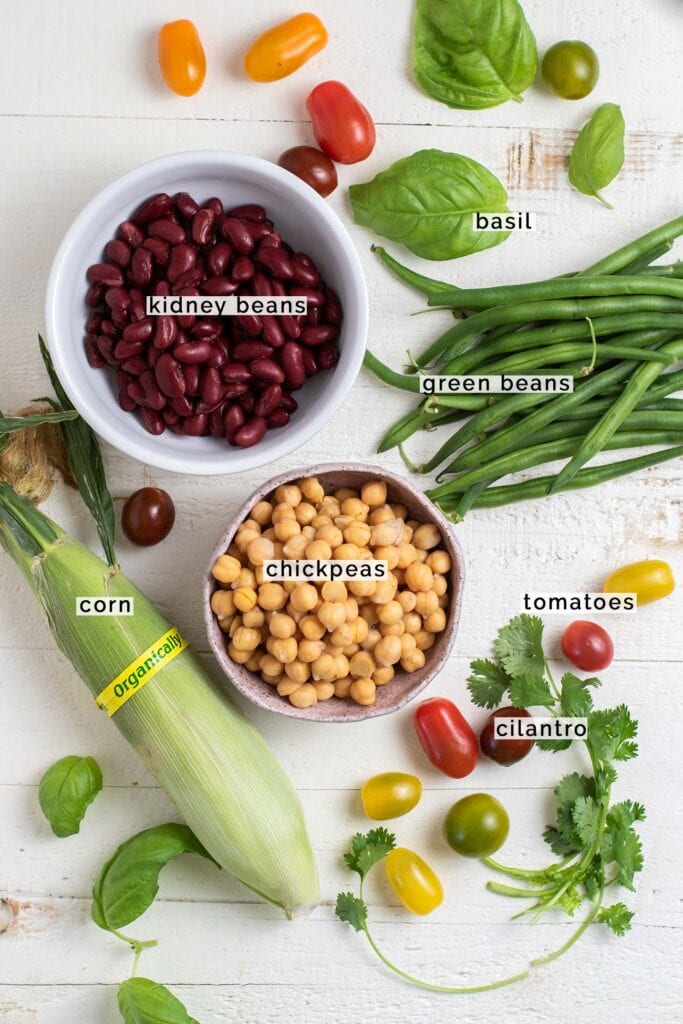 The ingredients in the 3 bean salad shown labeled.