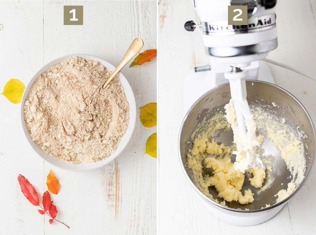 Images showing how to mix the dry ingredients together, and cream the butter and sweetener.