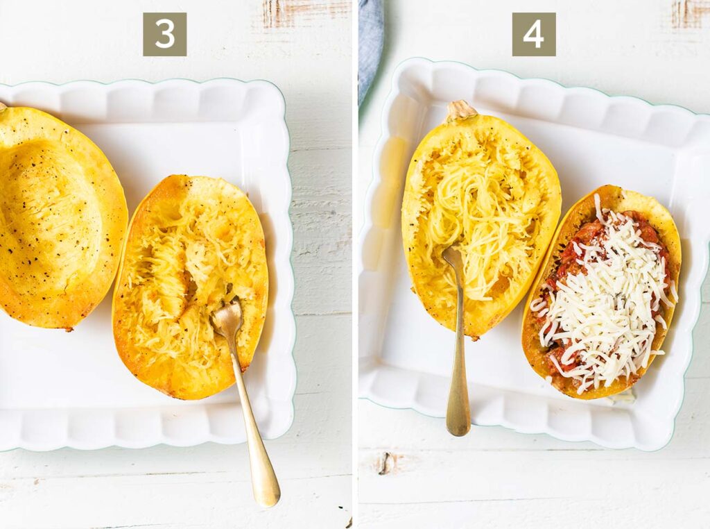 Step 3 shows to pull the spaghetti squash strands away from the skin and then to fill it with sausage sauce and top it with cheese.