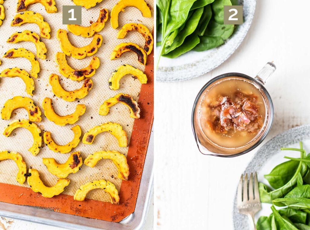 Step 1 is to roast delicata squash and step 2 is to prepare a hot bacon dressing.
