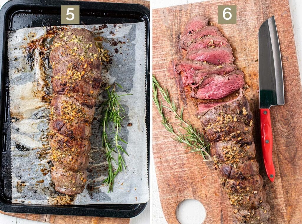 Step 5 is to let the roast rest after it's baked before slicing, and step 6 shows the roast cut into very thin slices.