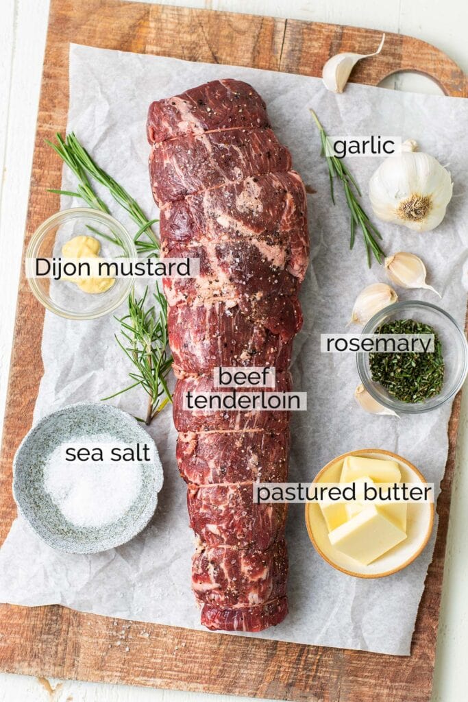 This image shows the ingredients needed for the tenderloin roast including the ingredients for the compound butter.