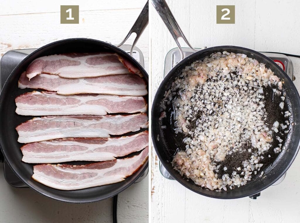 Step 1 shows to cook the bacon, and step 2 shows frying the shallots in the bacon grease.
