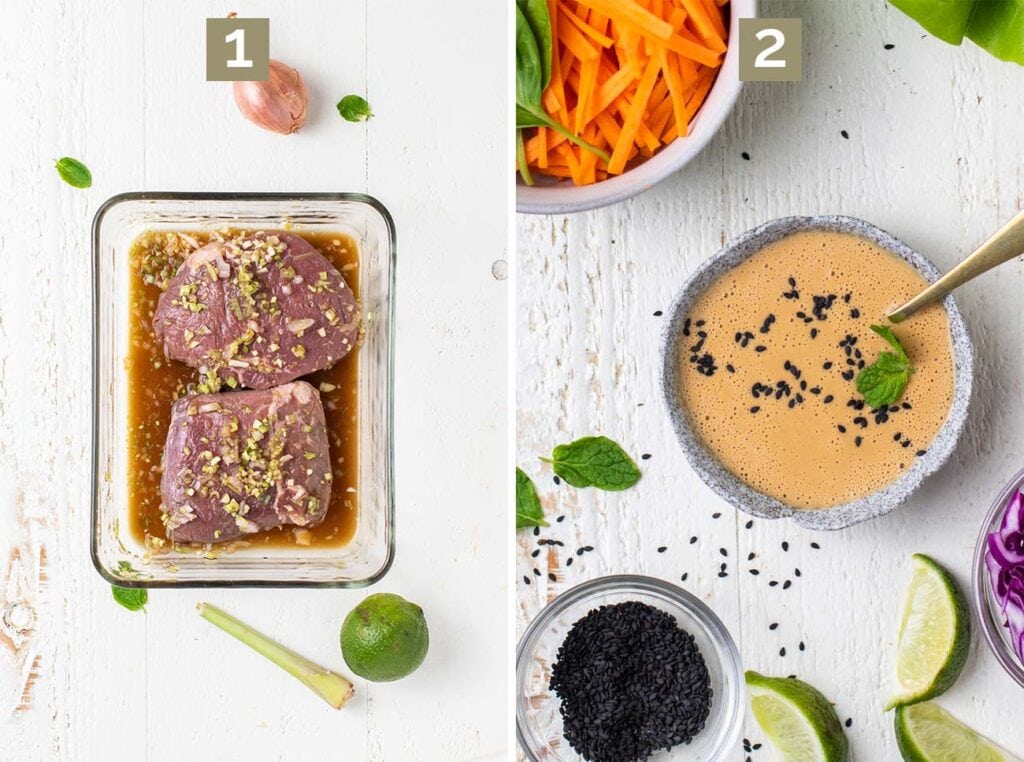 Step 1 shows making a beef marinade and step 2 shows blending up a flavorful dipping sauce.