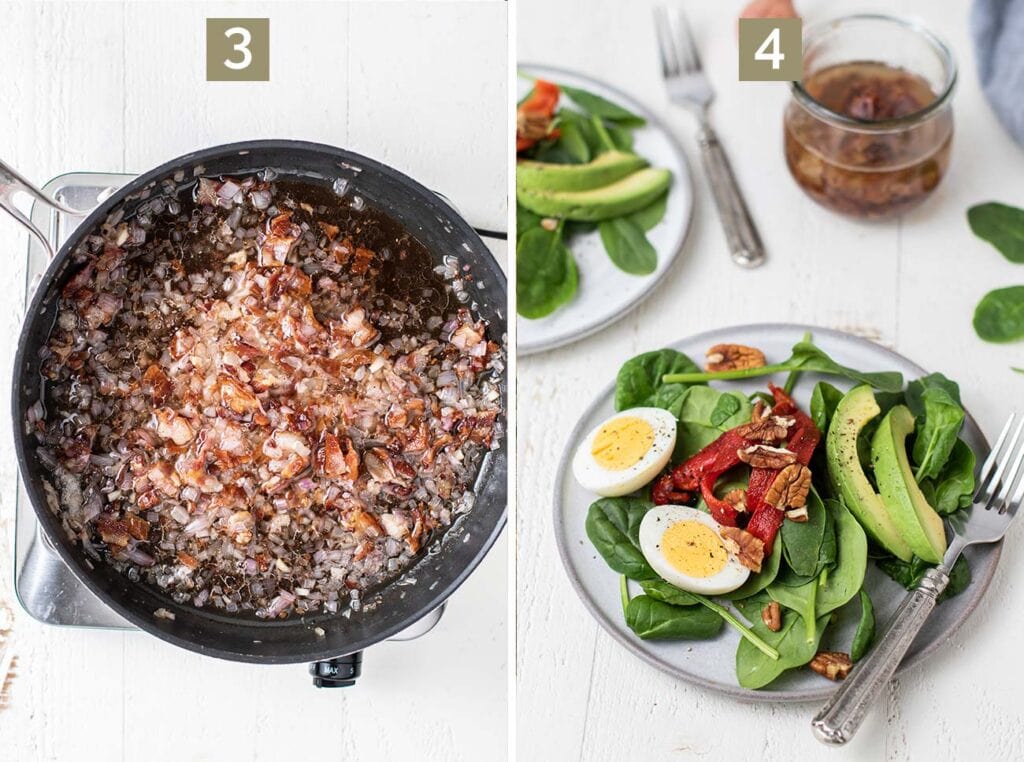 Step 3 shows to add the rest of the ingredients into the pan with the fried shallots, and step 4 shows how to assemble the spinach salad.