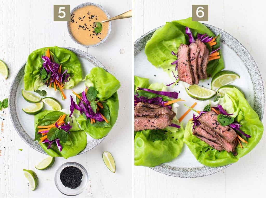 Step 5 shows adding the veggies to leaves of lettuce, and step 6 shows adding the thinly sliced steak and topping with sesame seeds.