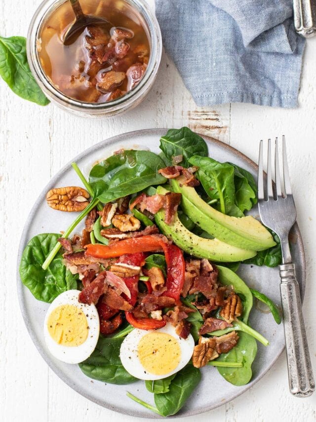 Wilted Spinach Salad with Hot Bacon Dressing - Sunkissed Kitchen