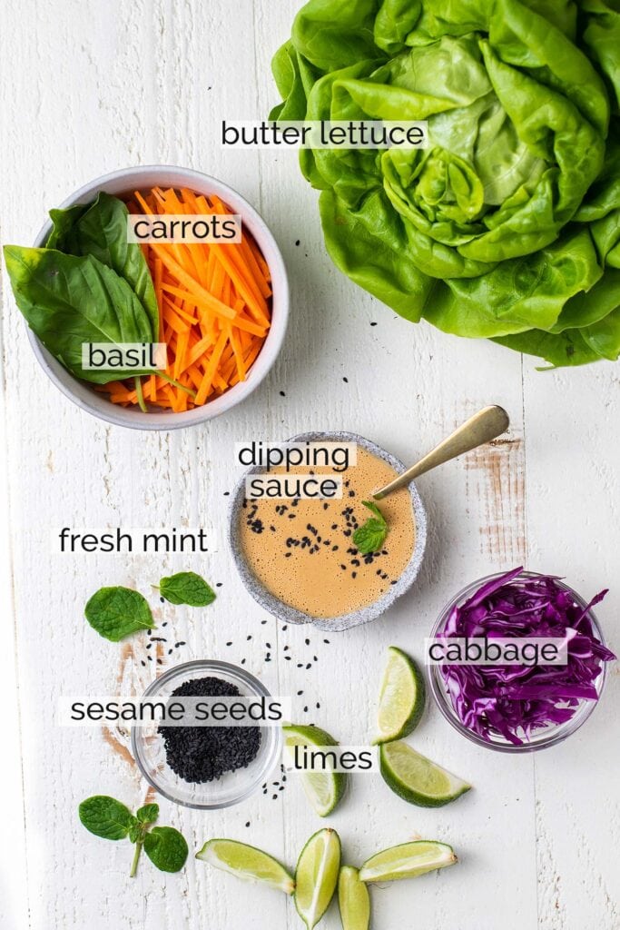 All of the ingredients needed to prepare Vietnamese Beef Lettuce Wraps shown with labels.