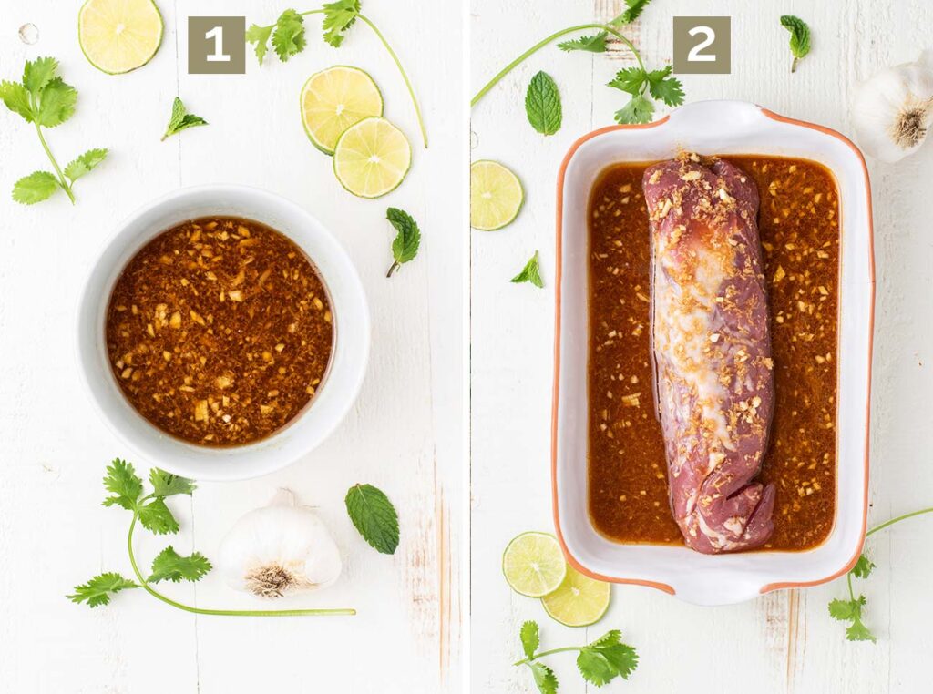 Step 1 shows whisking the marinade ingredients together in a bowl, and step 2 shows marinating the pork tenderloin roast.