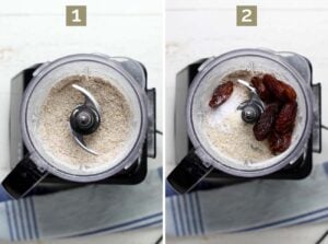 Make oat flour. Add the dates, coconut, and salt and baking soda.