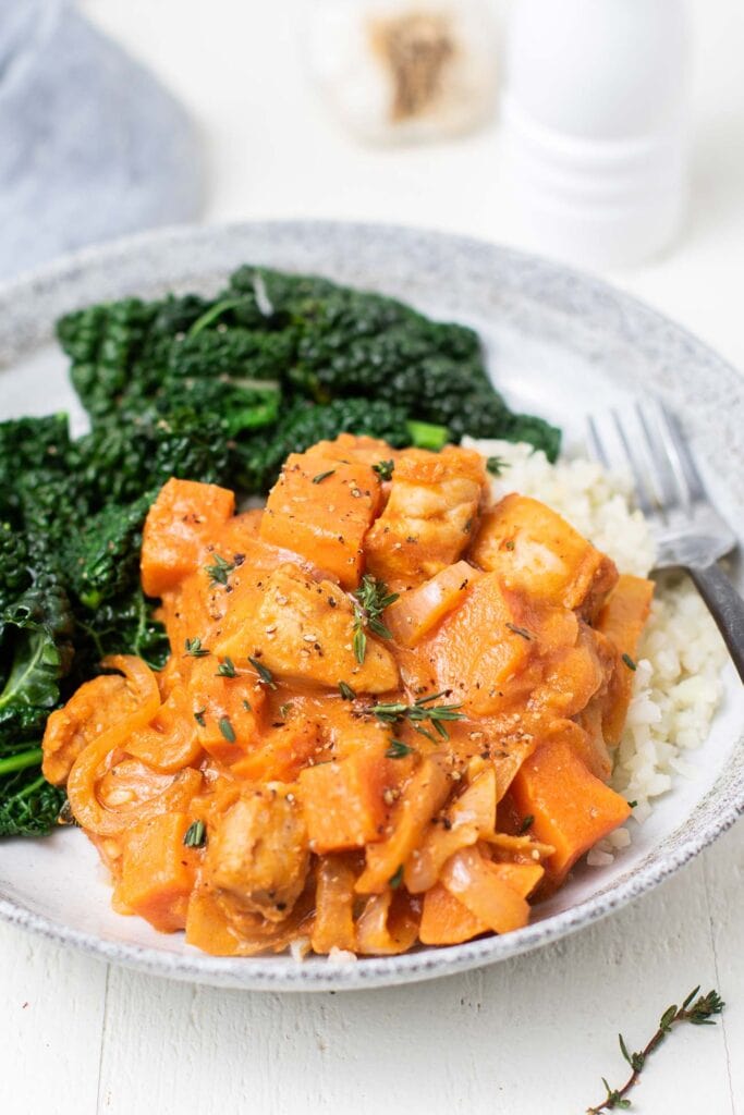 A chicken and sweet potato stew in a nutty tomato sauce.