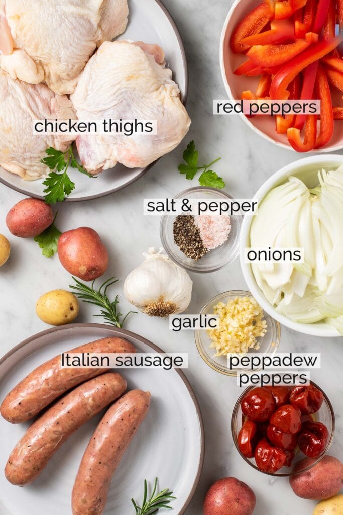 The ingredients for this dish shown prepared to start cooking with labels.