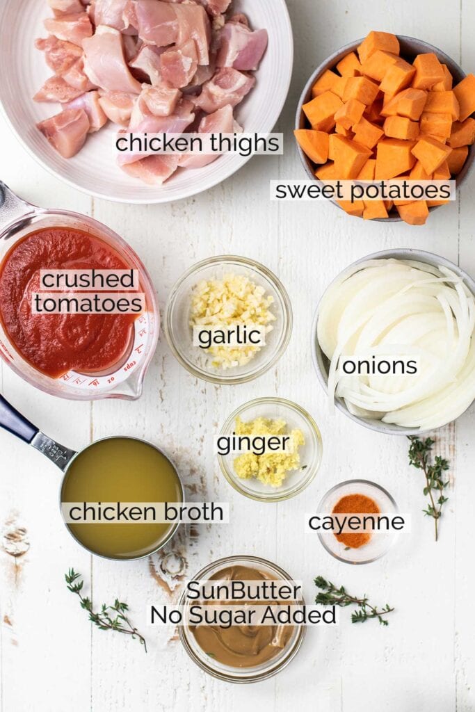 The ingredients needed to prepare a chicken stew.