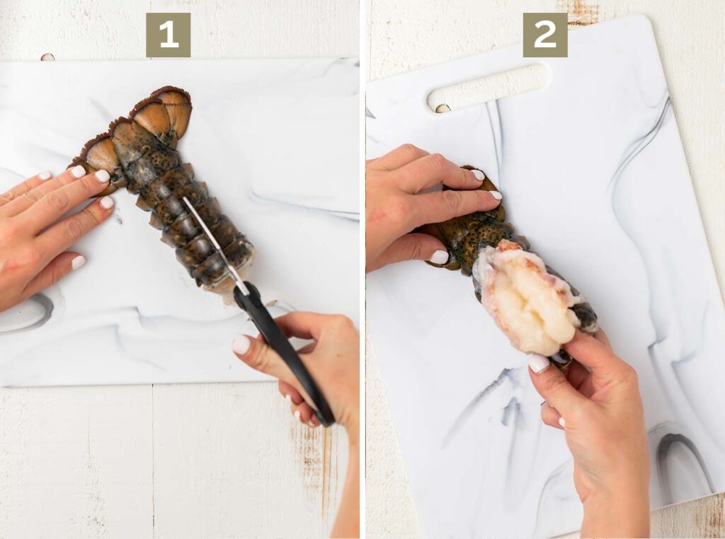 Step 1 shows how to cut down the back of the lobster shell. Step 2 shows to pull the flesh from the inside of the lobster tail onto the top of the shell.